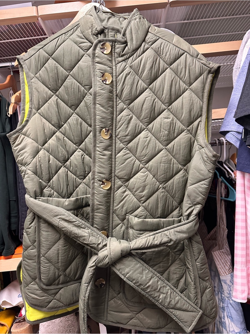 Quilted Sleeveless Belted Vest - Olive with neon yellow interior
